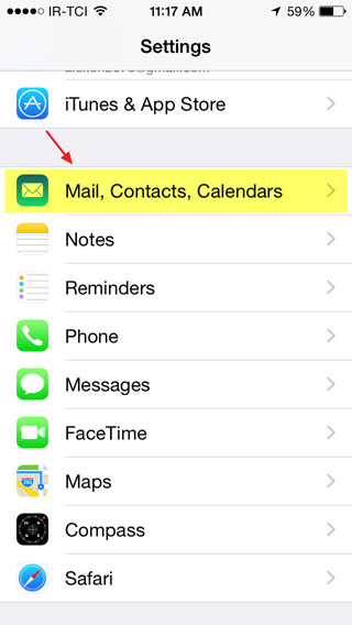 انتخاب گزینه Mail، Contacts, Calendars برای تنظیم امیل ios